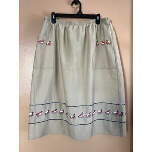 Vintage 80s Khaki Duck Embroidered Novelty Midi Skirt Elastic Waist 26-28"